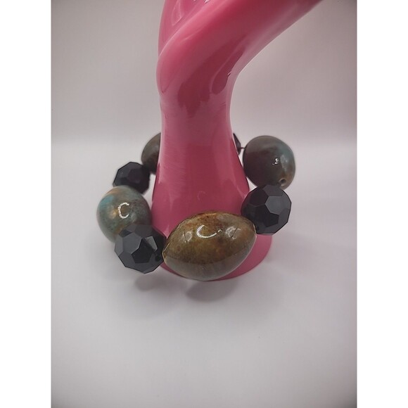 Vintage Bracelet Blue Tan Chalcedony Stone Beaded Black Faceted Stretch - Picture 7 of 10